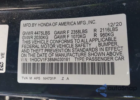 2021 Honda Accord Sport from USA, damaged, VIN 1HGCV1F38MA030161